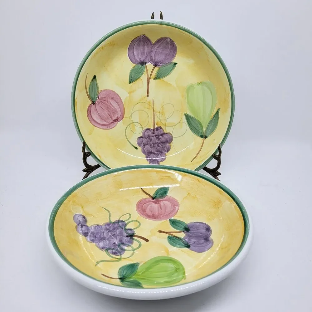 2 Caleca Frutta  8.5” Soup Pasta Bowl Fruit Hand Painted Italy Discontinued